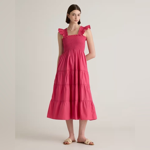 Quince 100% Organic Cotton Poplin Smocked MIDI Pink Ruched Tiered Sundress Large - Picture 1 of 15